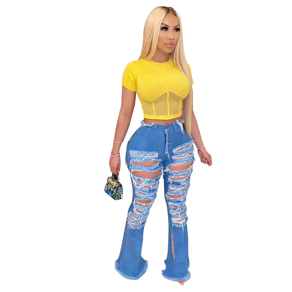 

High waist jeans with holes women's fashion split flared pants women's fashion high street wear