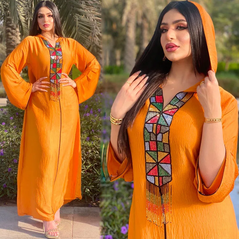 

QC - 785 Arabic fashion muslim ladies abaya long orange dress with hoodie elegant women islamic clothing, As picture or customized make