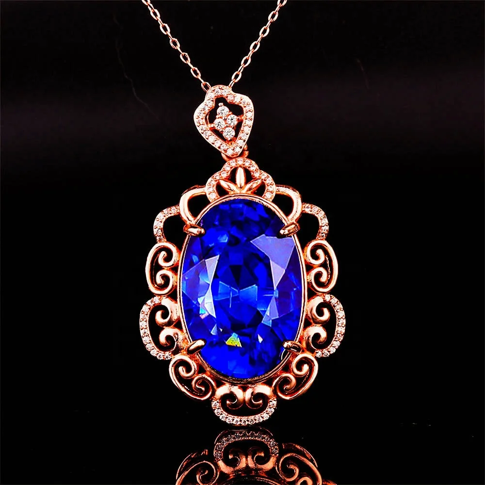 

Luxury Pendant Necklace With Oval Blue Zircon Irregular Hollow Exquisite Rose Golden Jewelry For Women Wedding Engagement, Customized color
