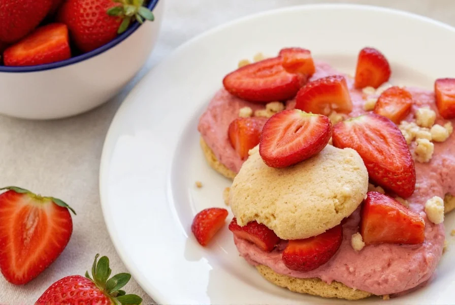 Close-up of ginger snap cookies arranged in circular pattern with fresh strawberries and whipped cream