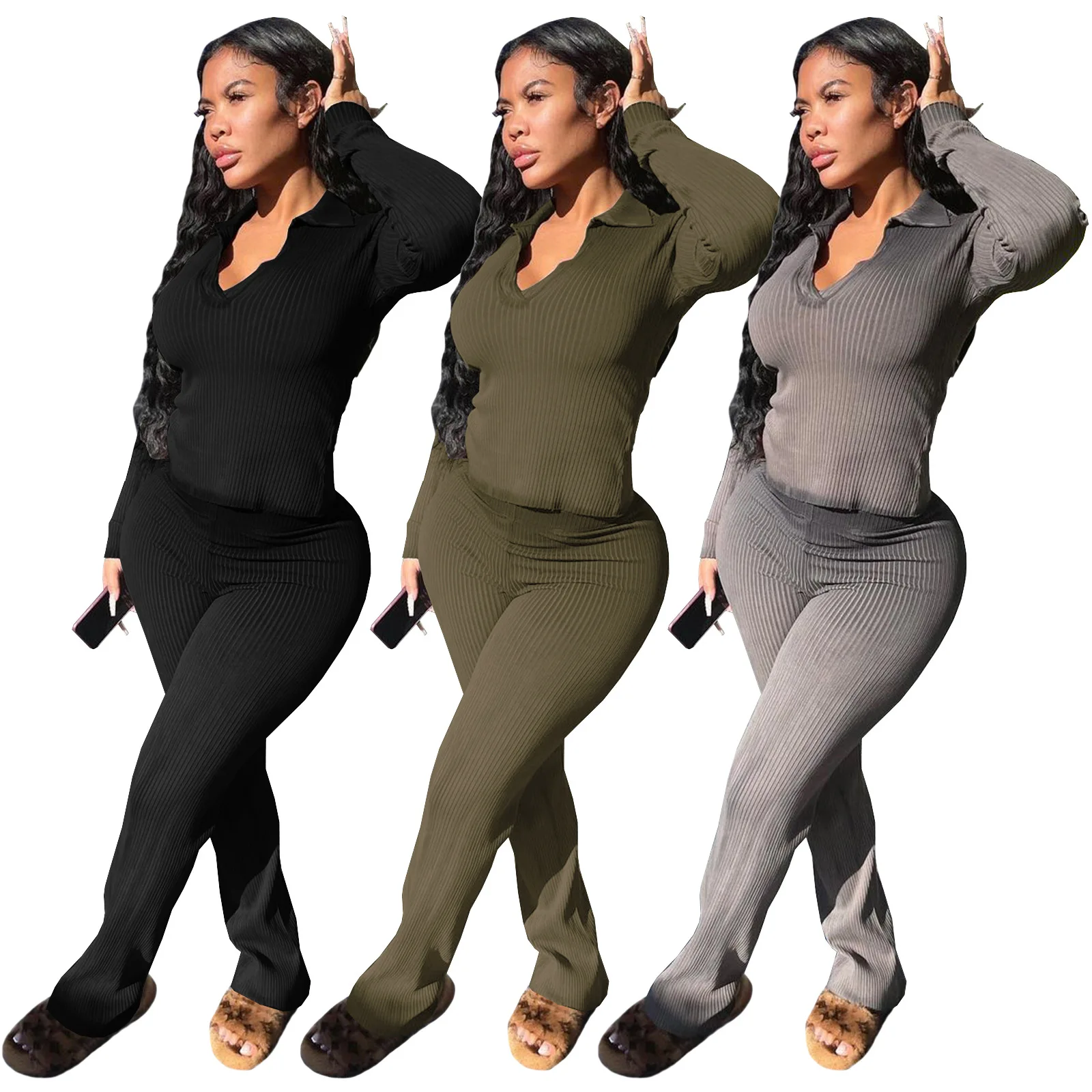 

Fall 2022 Long Sleeve T Shirt Pants Suits Knit Ribbed Lounge Wear Two Piece Sets Women Clothing 2 Piece Set for female mujer, Picture color