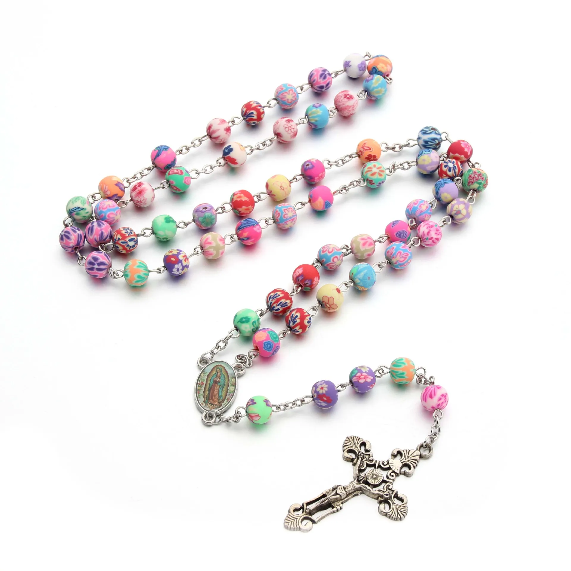 

Amazon Best Selling Religious Catholic Christian Ceramic Rosary Bead Cross Necklace Colorful Beads Virgin Mary Cross Necklaces, As picture show