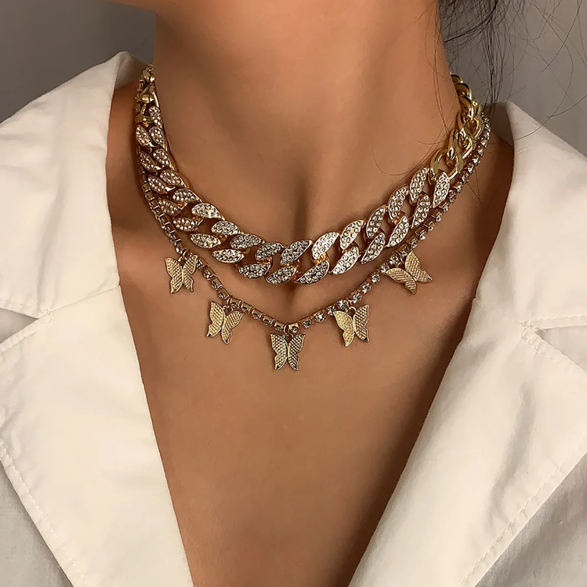 

New Chunky Iced Out Cuban Chain Choker Necklace Sparkling CZ Crystal Tennis Chain Butterfly Pendant Necklace Jewelry