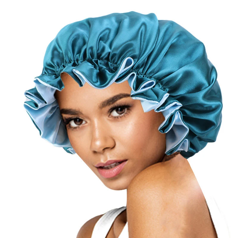 

Confortable Multicolor Satin Bonnets Oversize Double Layers Ruffled Sleeping Cap Hat Elastic Hair Bonnets