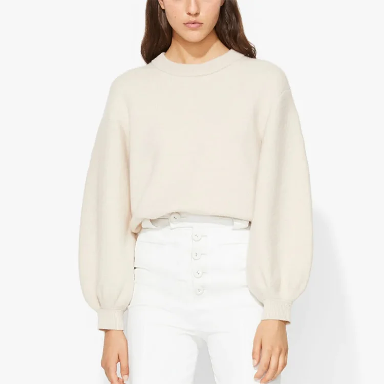 

Soft Plain Crew Neck Puff Sleeve Women Pure Cashmere Sweater, At your request