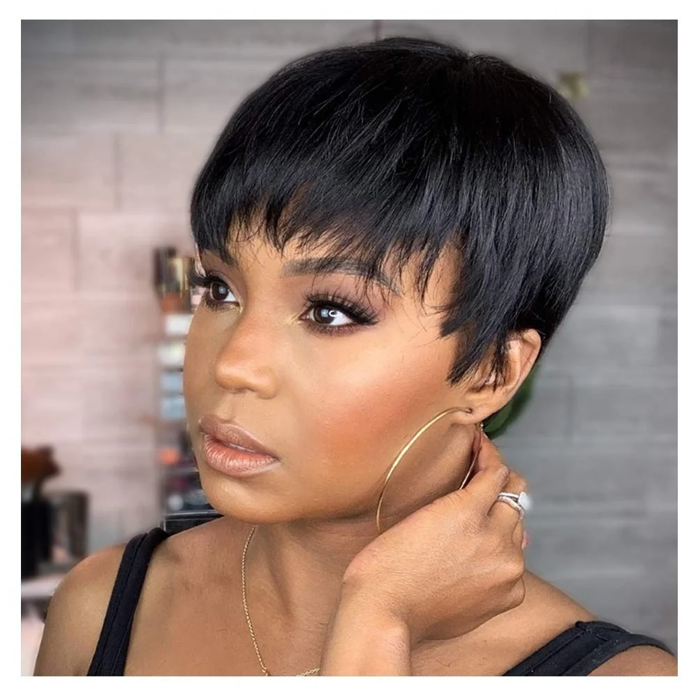 

Cheap Human Hair Wigs For Women Full Manchine Made Wig With Bangs Pixie Cut Wig Human Hair Short Bob WigPerruque Cheveux Humain