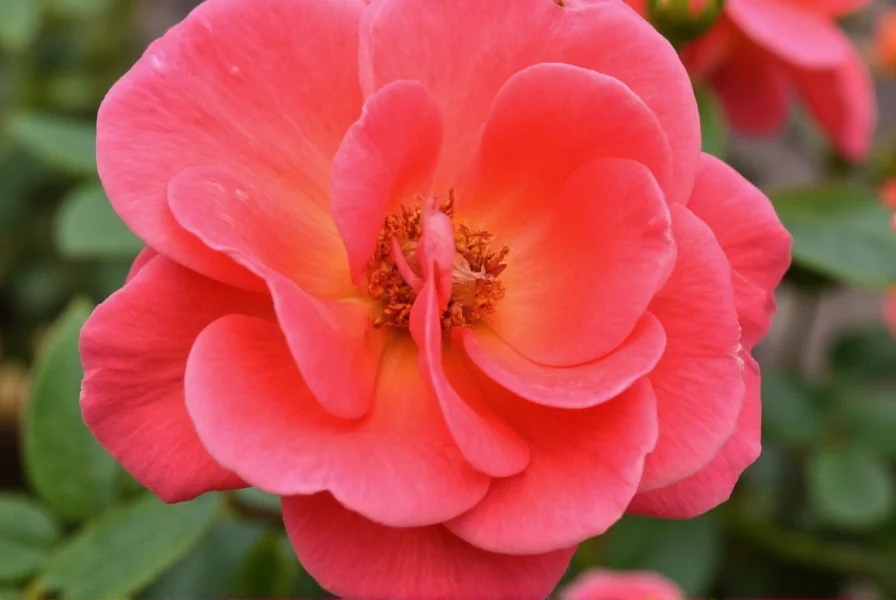 Saffron Rose plant showing healthy growth with multiple blooms at various stages from tight bud to fully open flower in a garden setting with complementary companion plants