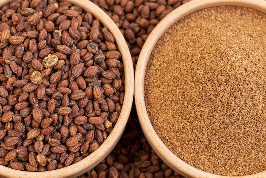Close-up photograph of whole cumino seeds next to ground cumino in small bowls showing texture difference