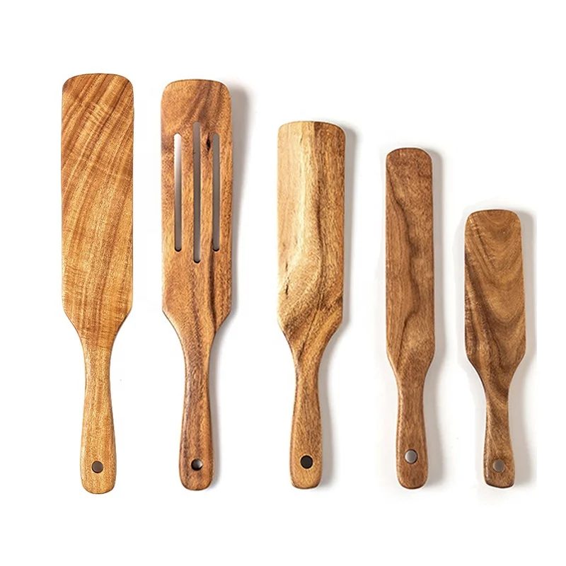 

Hot Sale Custom Multi-use Kitchen Utensils Set of 5 Acacia Wooden Spatula Set, As photo