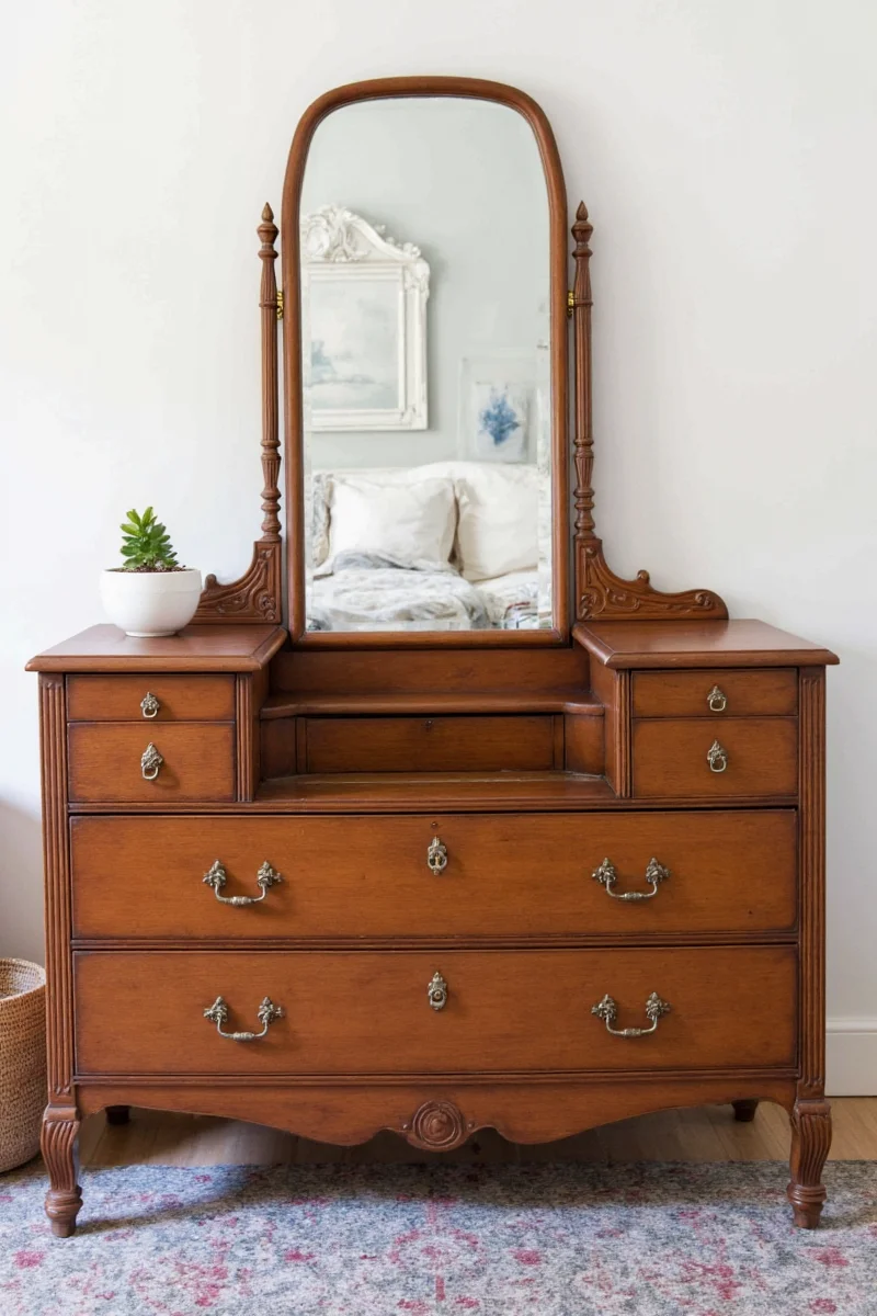 Farmhouse-style antique dresser in a kid-friendly nursery