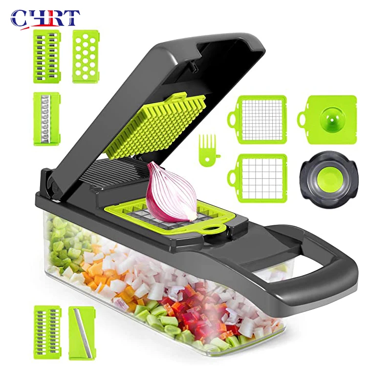 

CHRT Hot Sell New Kitchen Accessories Multifunction 12 In 1 Hand Operated Food Chopper Onion Cutter Vegetable Slicer, Ash+white+blue