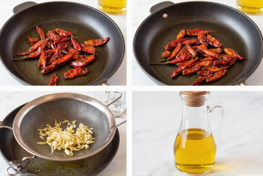 Step-by-step process of making chili oil: dried chilies toasting in skillet, garlic sizzling in oil, straining infused oil into glass bottle