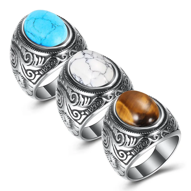 Vintage engraved pattern mens stainless steel mens turquoise rings