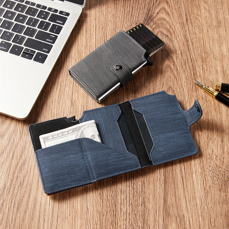 

2023 New design Vintage credit card holder RFID Slim PU Leather Pop Up RFID Blocking aluminium zippered Wallet