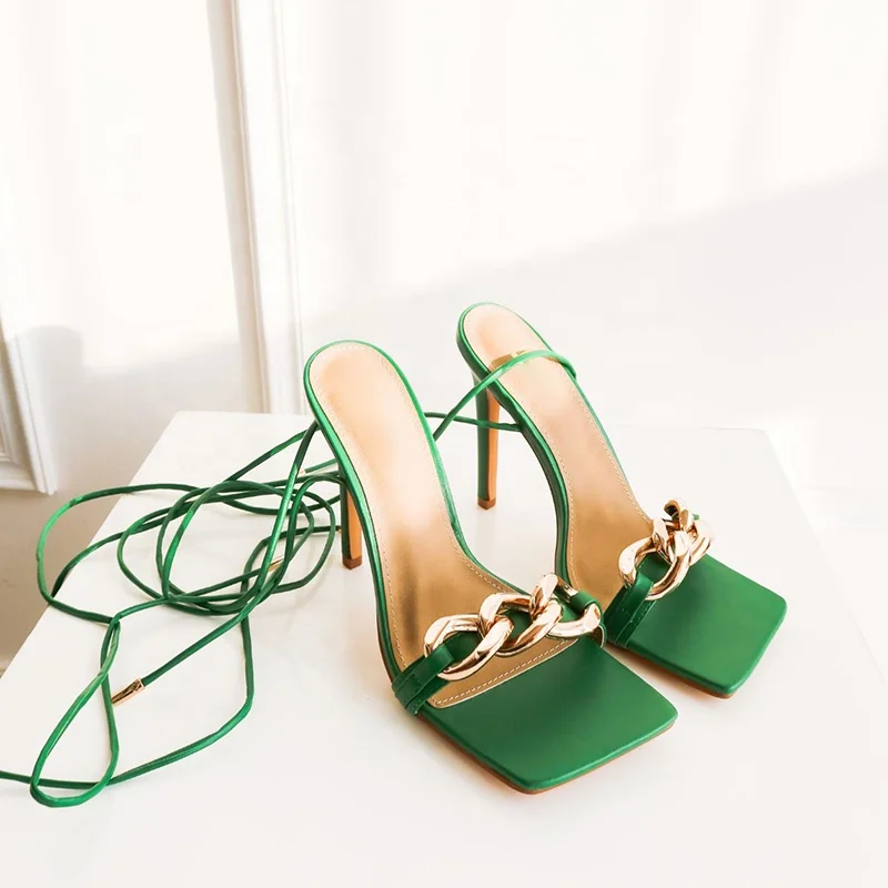 

Luxurious Fashionable Green Cross Straps in Gold Chains for Handmade Customization Private Label Heels Sandals Shoes for Women, Black,pink,red,yellow,blue