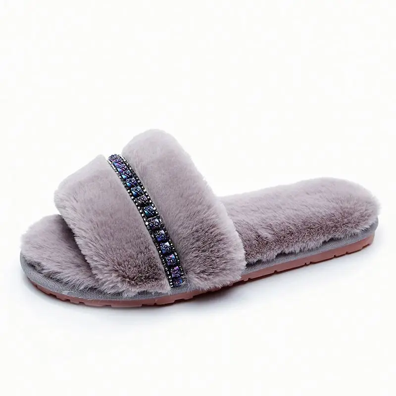 

K427 New Women Fur Slippers Winter Shoes Big Size Home Slippers Plush Pantufa Women Indoor Warm Fluffy Terlik Cotton Shoes