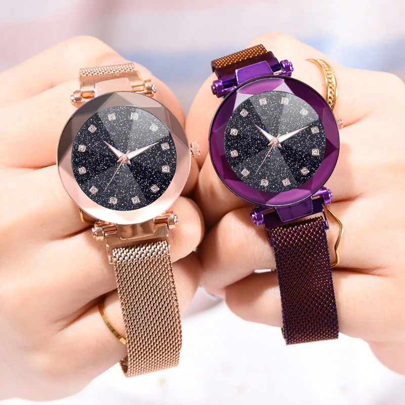 

Drop Shipping Luxury Female Watch Magnet Stainless Steel Mesh Women Quartz Watches Fashion Starry Sky Dial Ladies Wristwatches