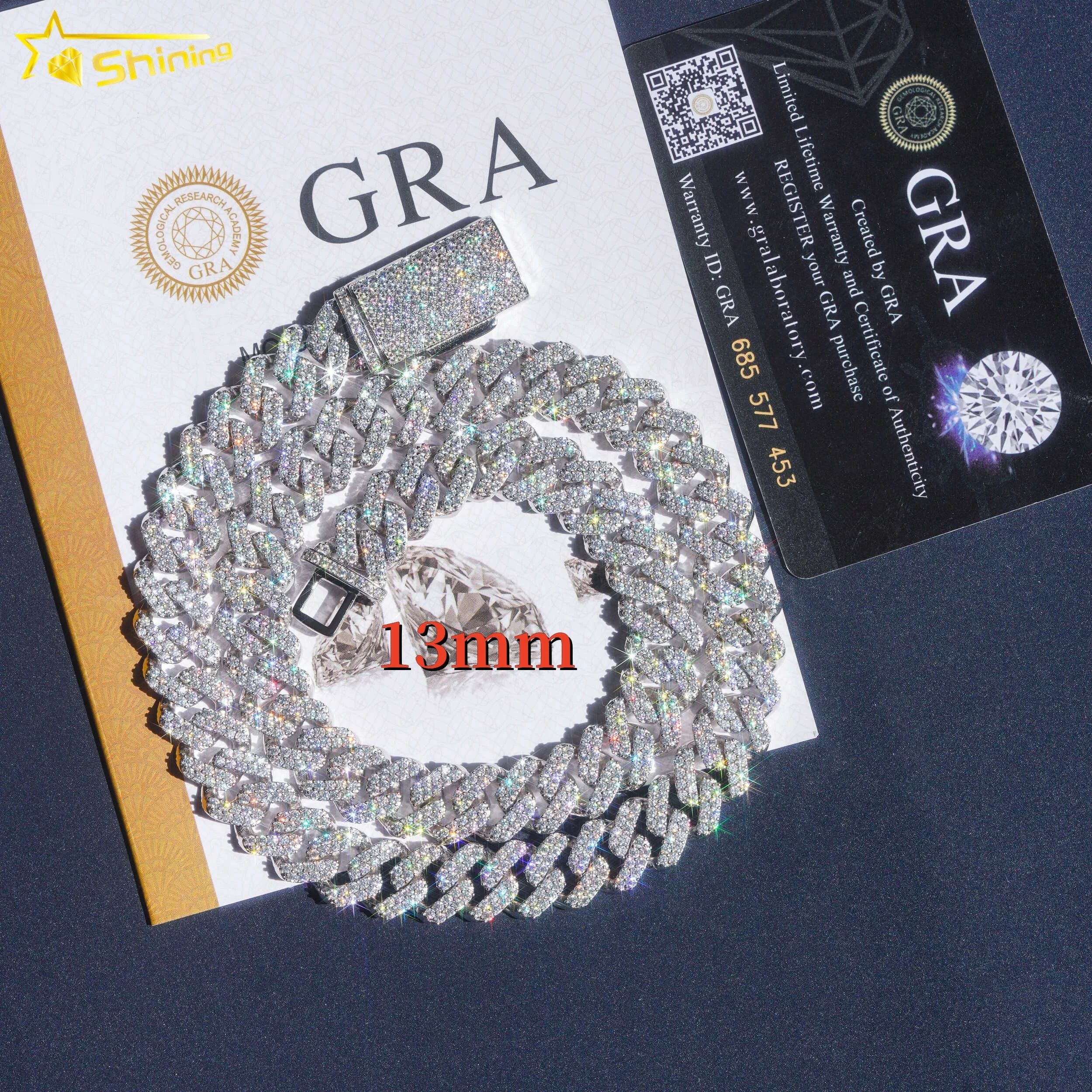 

Hot selling 925 sterling silver hip hop necklace 13mm iced out moissanite diamond cuban link chain