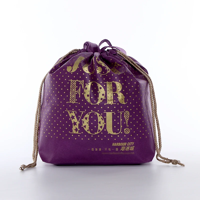 

Factory supply customized eco friendly golden printed purple color drawstring non woven tote shopping bag