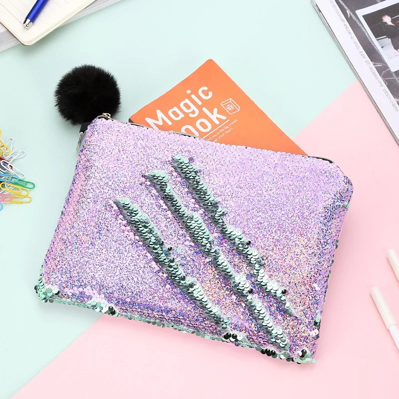 

Sequin Pencil Case Flash Sequin Pen Bag School Supplies Girl Handbags Hairball Cosmetic Bag