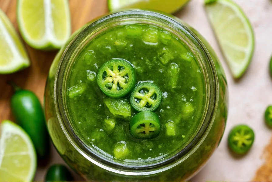 Close-up of vibrant green jalapeno pepper jam in glass jar with fresh jalapenos and lime slices