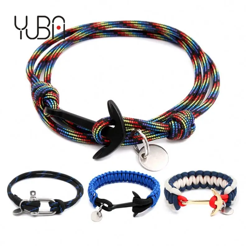 

High quality custom engraved logo men woman luxury paracord anchor clasp braided nylon rope charm braceletwholesale, Multi-colors