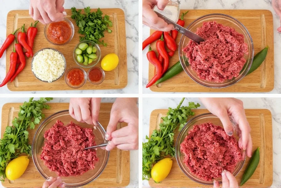 Step-by-step preparation of ground beef chili with fresh ingredients arranged on wooden cutting board