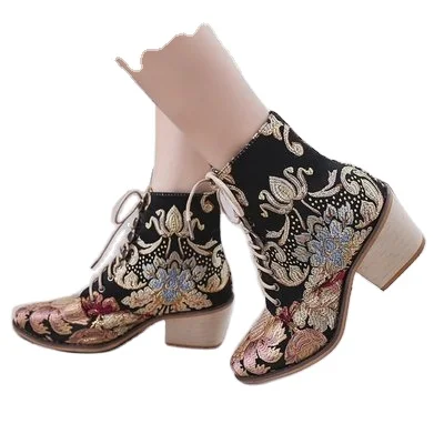 

Aliexpress women's shoes plus-size 43, joker chunky heels and mid-top autumn/winter vintage shoes, As shown in figure