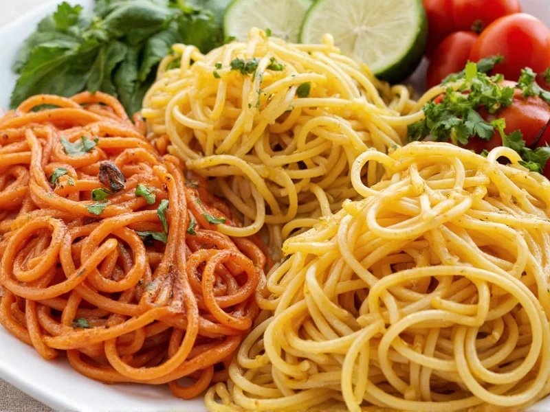 Colorful homemade spaghetti variations with herbs and vegetables