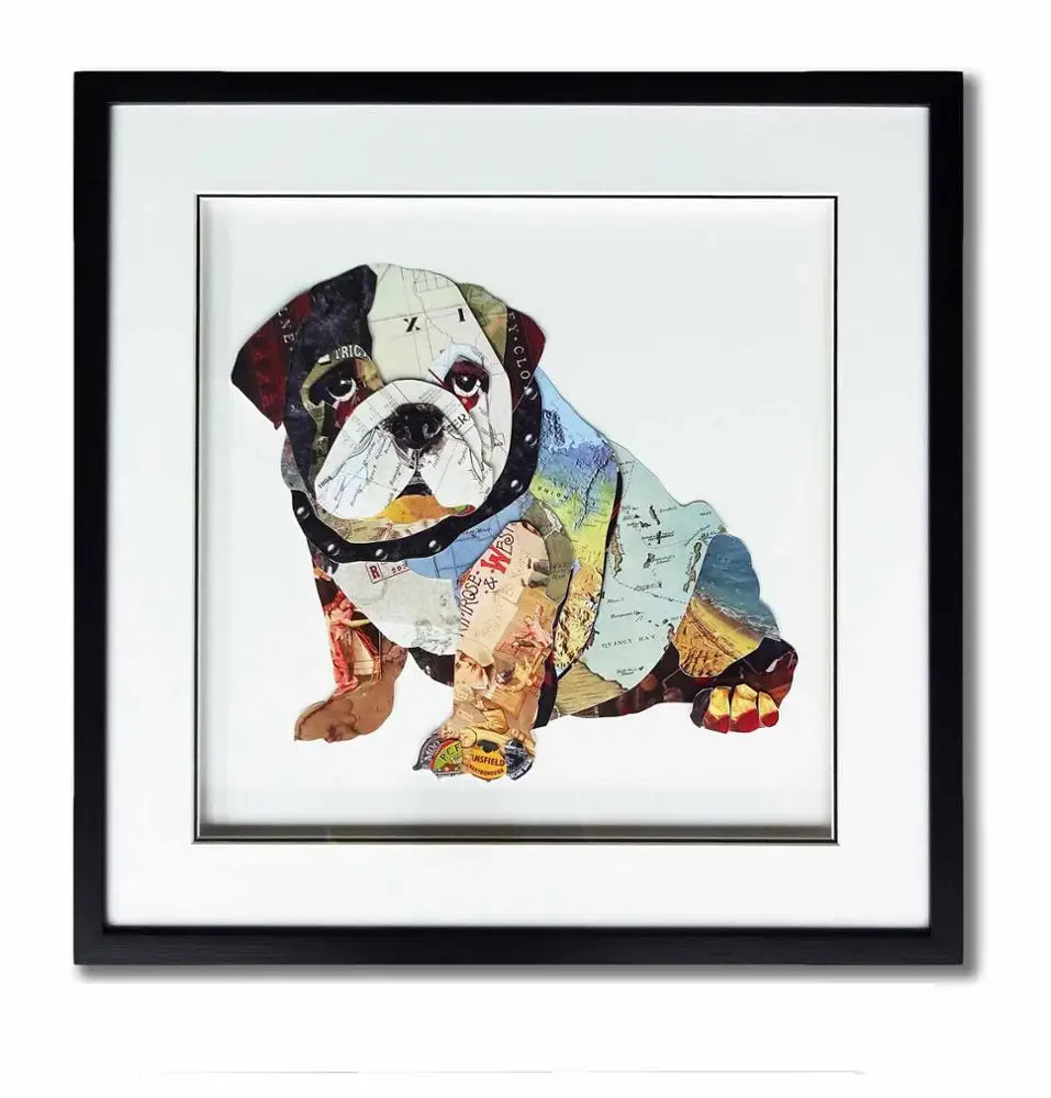

Home Design Framed Wall Decor Art Dog Animal Paper Collage Art, Blue