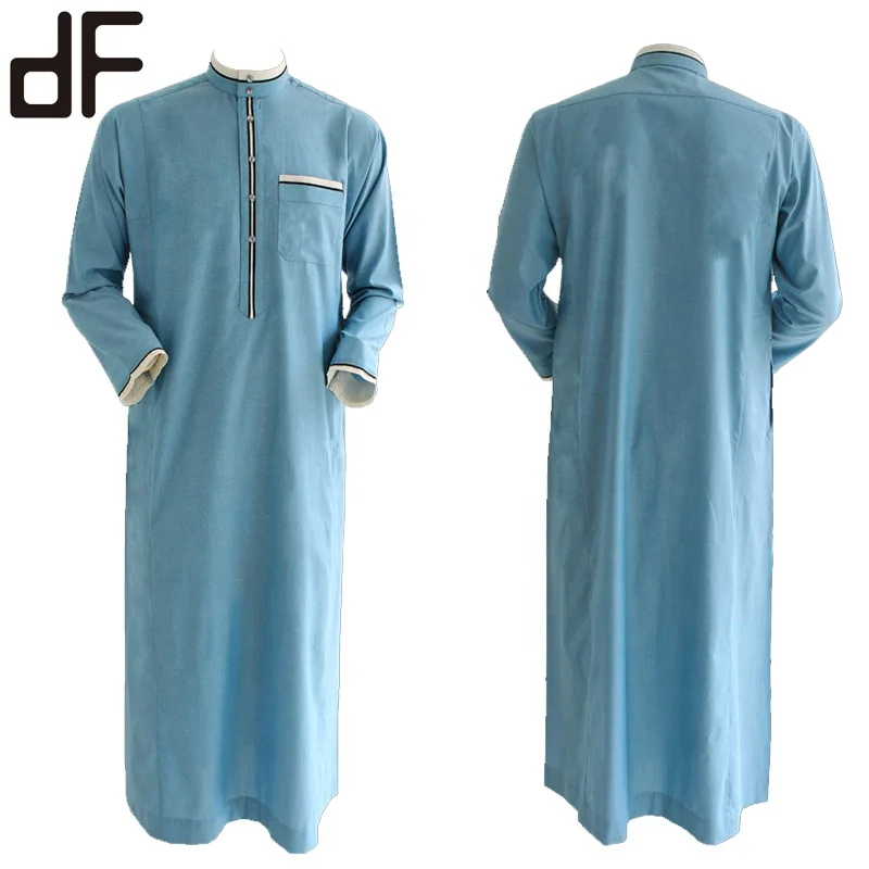 

al haramain thobe saudi robe modern fashion button up stand collar new design thobe thawb chest pocket light blue abaya for men, Light blue,beige yellow