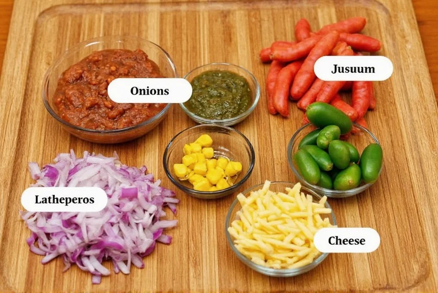 Variety of chili dog toppings displayed including onions, mustard, jalapeños, and cheese on a wooden table