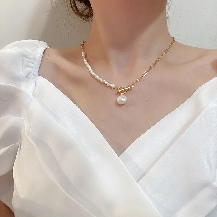 

Wholesale Half Cuba chain Half Freshwater pearl Chokers Necklaces 14K Real Gold Plated Cuban Chain necklace for men and women