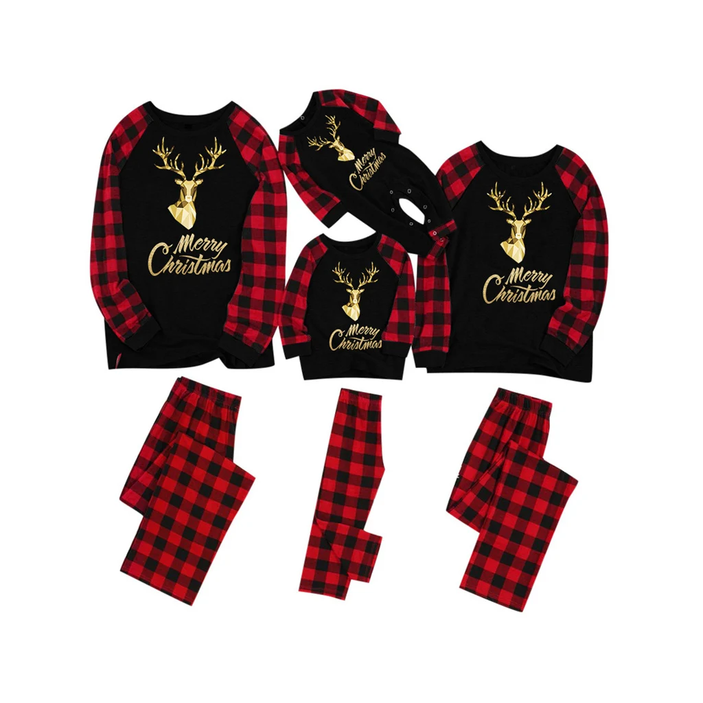 

Christmas Matching Outfits Mother Daughter Pajamas Set Dad Son Baby Kids Elk Print Plaid Suit For Family Home