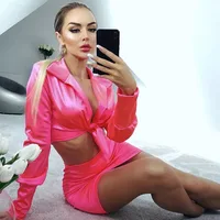 

women silky satin 2 two piece set lace up long sleeve crop top high waist mini skirt 2019 autumn winter lady clothes