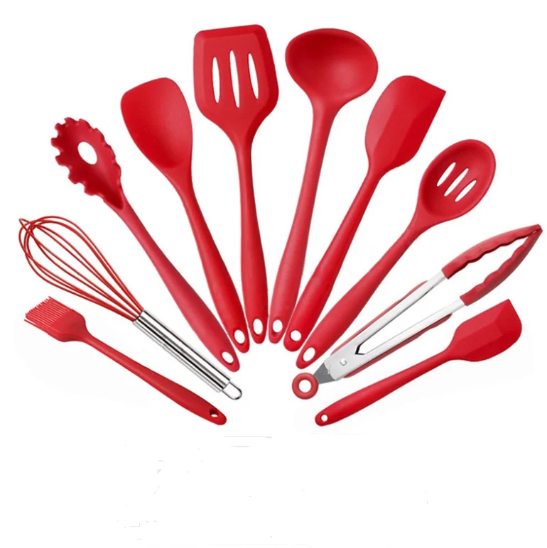 

Amazon Factory Cheap 11pcs Cooking Holder Silicone Kitchen Utensils, Red, black, colorful