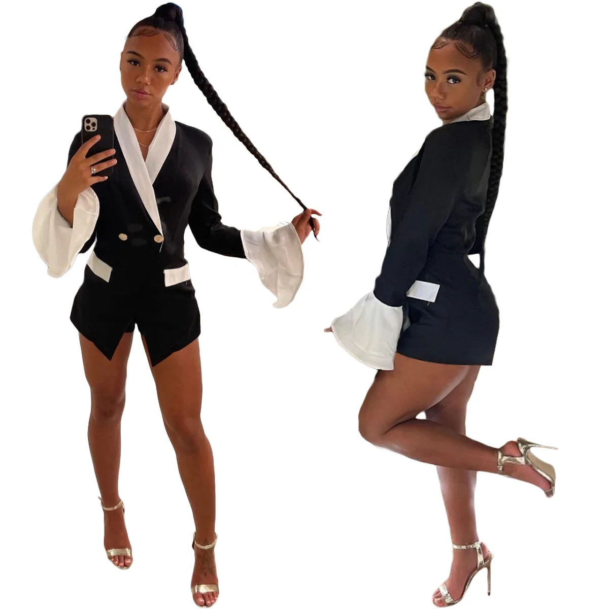 

Elegant Fall 2021 Women Clothes Long Coat Fashion Double Breasted Stitching Flared Sleeves Ladies Office Blazers, Picture color