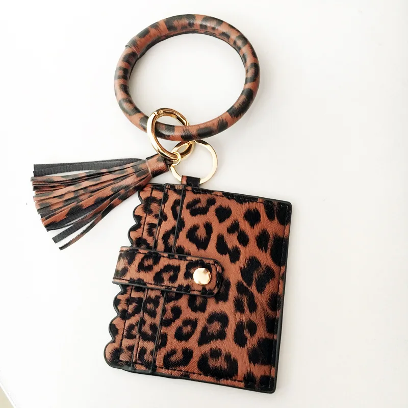 

Animal Print PU Leopard Python Snake Marble Gold Silver Plaid Checked Round Ring Tassel Wrist Keychain Credit Card Holder Wallet, 13 choices