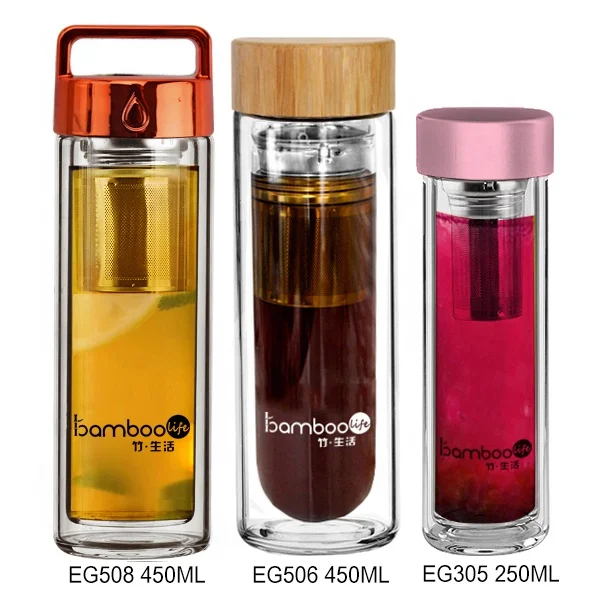 

Wholesale custom double layer glass tea coffee bottle cup infuser glass insulated double wall tea cup with lid and strainer, Natural transparent