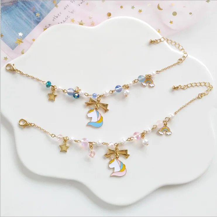 

Birthday Gift Unicorn Charm Bracelet Wholesale Newest Latest OEM Bowknot Rainbow Pearl-crystal Students Girls Boys Kids Children, Colors