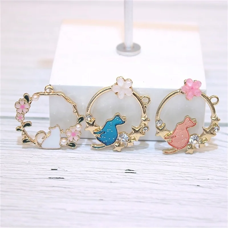 

Sakura Cats Metal Alloy Pendants animal flower Wreath Charm Fit Bracelet Earring Necklaces Dangles DIY women Jewelry Accessories, As shown