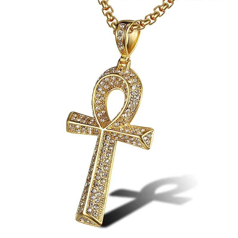 

High quality handmade gold plated crystal diamond egyptian anka life key cross pendants