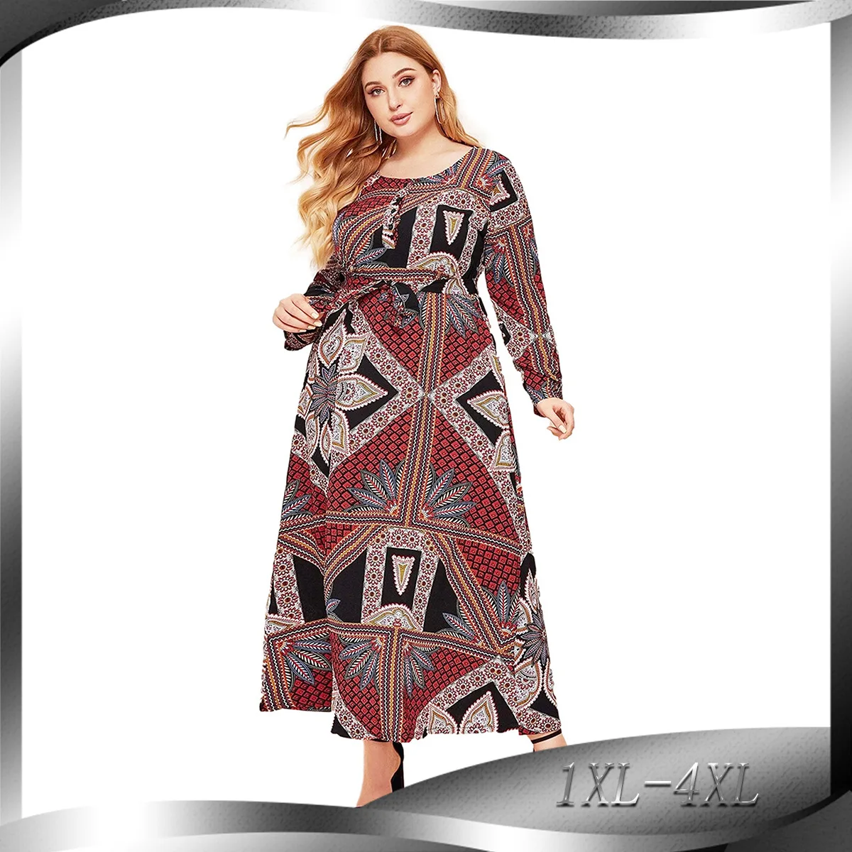 

5069# New Fashion Summer Vintage Dress Full Sleeve Loose Print Elegant Plus Size Muslim Maxi Dresses