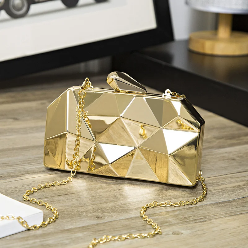 

2021Designer fashion geometric small box evening bag ladies shoulder crossbody women shiny gold clutch purse with chain, 3colors