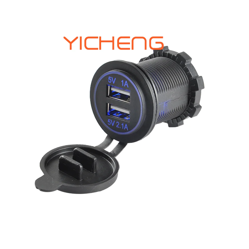 

12V 24V 3.1A LED Ring 2 Port Dual USB Car Charger, Black with led ring (blue;red;green color)