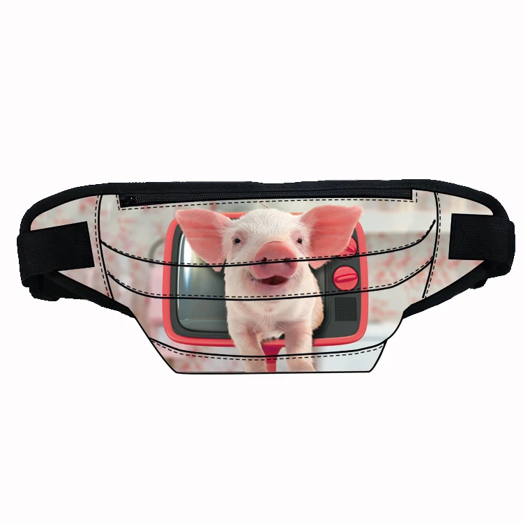 

Cute pig design custom printed stylish fabric waist bags with multi compartment large capacity lightweight fanny pack, Customized