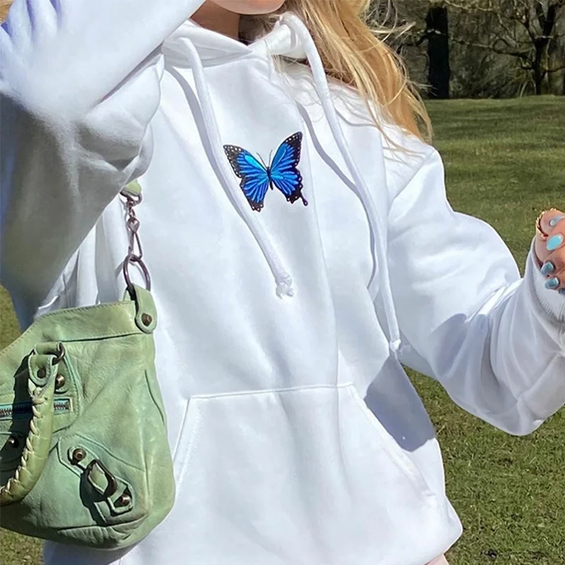 

2020 hot sale fall clothing womens custom pullover hoodies tops girl white butterfly embroidery plain sweatshirts