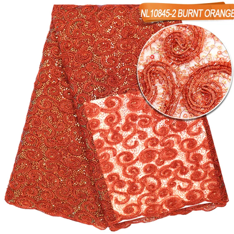 

New arrival African burnt orange laces fabric embroidery tulle french sequin lace fabric