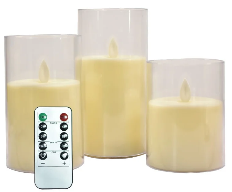 

D-LC01 Lighting Flickering Pillar Led Candle Battery Powered Flameless Electronic Candles In Clear Tall Glass With Moving Flame