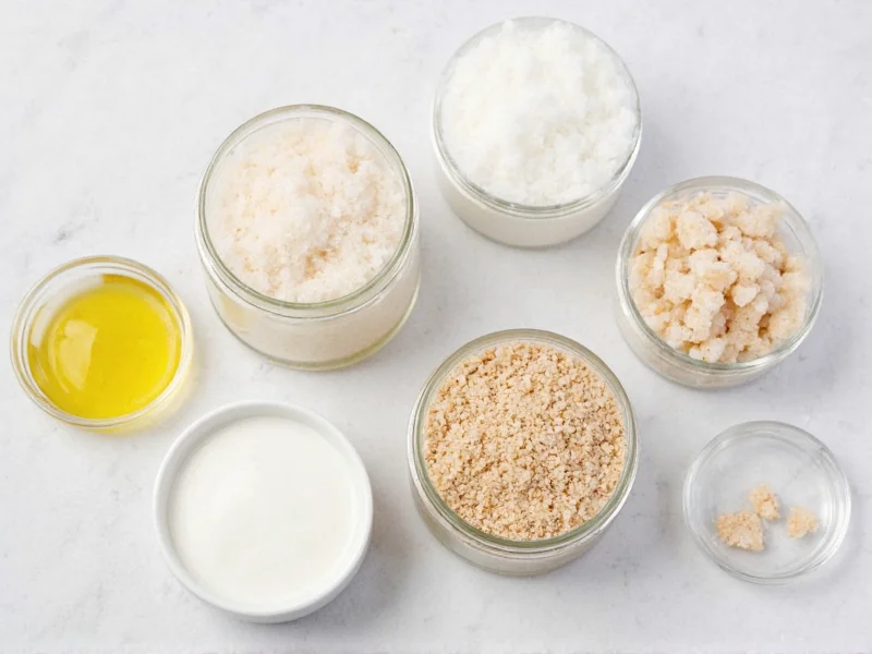 Homemade sugar scrub ingredients in glass jars